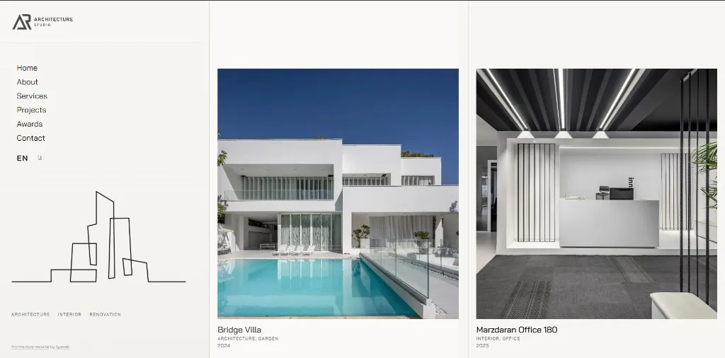 صفحه اصلی وب‌سایت AR Architecture Studio — گالری پروژه‌های معماری و طراحی داخلی